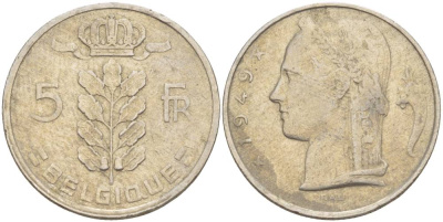 Бельгия 5 франков 1949 Леопольд III (1934-1950), Belgique KM 134.1 медно-никель 4546-314