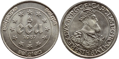 Бельгия 5 экю 1987 30 лет Римскому договору, Карл V Габсбург (1500-1558) KM 166 серебро UNC 633-632