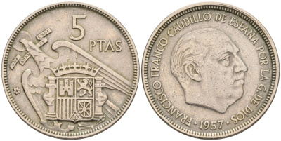 Испания 5 песет 1957(62) Франциско Франко (1939-1975) KM 786 медно-никель 4583-1212