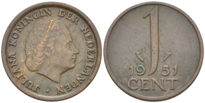 Нидерланды 1 цент 1951 Юлиана (1948-1980) КМ 180 бронза 214-1024