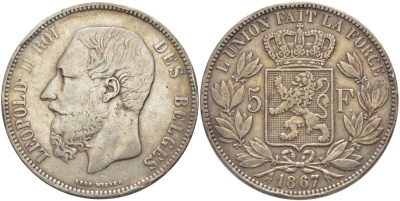 Бельгия 5 франков 1867 Леопольд II (1865-1909), ТОЧКА ПОСЛЕ F, НА РЕВЕРСЕ KM 24 серебро 5010-835