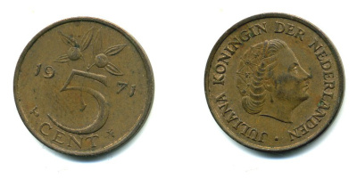НИДЕРЛАНДЫ 5 ЦЕНТОВ 1971 ЮЛИАНА KM 181 бронза 76-442