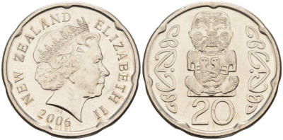 Новая Зеландия 20 центов 2006 Елизавета II (1952-2022), идол Пукаки KM 118a никелированная сталь UNC 4126-1251