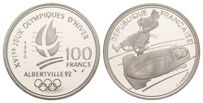 Франция 100 франков 1990 XVI зимние Олимпийские Игры, Альбервиль 1992 - Бобслей KM 981 серебро PROOF 1079-9-23