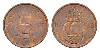Швеция 5 эре 1983 Карл XVI Густав (1973-) KM 849 бронза 188-914