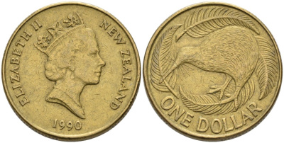 Новая Зеландия 1 доллар 1990 Елизавета II (1952-2022), птица киви KM 78 алюминиевая бронза 29-416