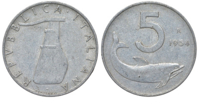 Италия 5 лир 1954 R, дельфин KM 92 алюминий 4164-417