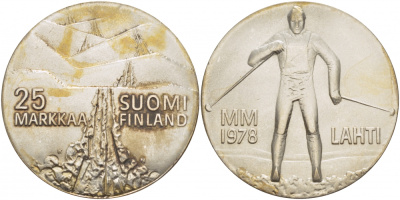 Финляндия 25 марок 1978 K-N, 21 Чемпионат мира по лыжным видам спорта 1978 в Лахти KM 56 серебро UNC 1515-1311