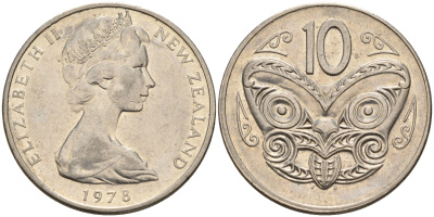 Новая Зеландия 10 центов 1978 Елизавета II (1952-2022), маска маори KM 41.1 медно-никель 4603-254