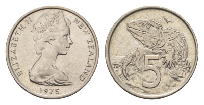 Новая Зеландия 5 центов 1975 Елизавета II (1952-2022), ящерица гаттерия KM 34 медно-никель UNC 4655-254