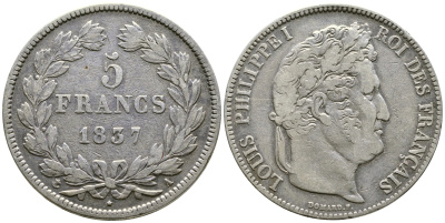 Франция 5 франков 1837 A, Луи Филипп I (1830-1848) KM 749.1 серебро 79-1123