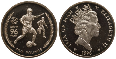 Остров Мэн 5 фунтов 1996 АА, кубок УЕФА по футболу 1996 года в Англии KM 587 вирениум UNC 1078-5-31