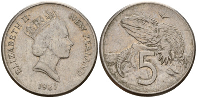 Новая Зеландия 5 центов 1987 Елизавета II (1952-2022), ящерица гаттерия KM 60 медно-никель 4142-1045