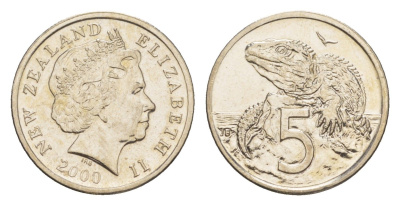 Новая Зеландия 5 центов 2000 Елизавета II (1952-2022), ящерица гаттерия KM 116 медно-никель UNC 4651-227
