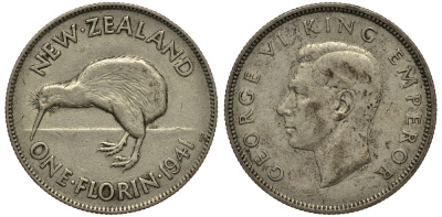 Новая Зеландия 1 флорин 1941 Георг VI (1936-1952), птичка киви KM 10.1 серебро 272-1522