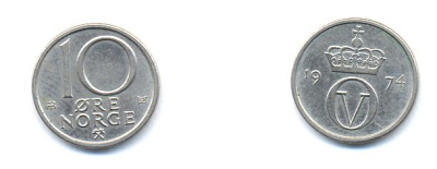 Норвегия 10 эре 1974 Улаф V (1958-1991) KM 416 медно-никель 4379-959