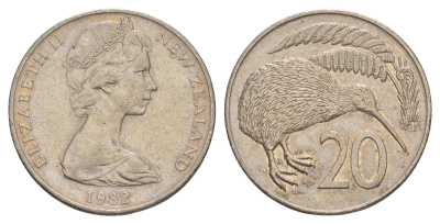 Новая Зеландия 20 центов 1982 Елизавета II (1952-2022), птичка киви KM 36 медно-никель 4650-756
