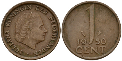 Нидерланды 1 цент 1950 Юлиана (1949-1980) KM 180 бронза    4598-141