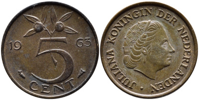 НИДЕРЛАНДЫ 5 ЦЕНТОВ 1963 ЮЛИАНА KM 181 бронза 4391-1245