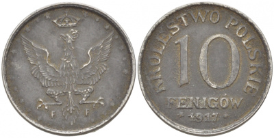 ПОЛЬША 10 ФЕНИГОВ 1917 FF, ПЕРВАЯ МИРОВАЯ ВОЙНА, ГЕРМАНСКАЯ ОККУПАЦИЯ, ЛЕГЕНДА НЕ КАСАЕТСЯ КРАЯ KM 6 железо 4548-957