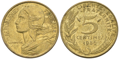 ФРАНЦИЯ 5 САНТИМОВ 1986 ТИП MARIANNE KM 933, LE FRANC 125.22 медь алюминий никель 4567-758