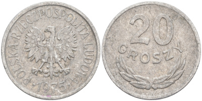 ПОЛЬША 20 ГРОШЕЙ 1975 MW KM А47 алюминий 106-451