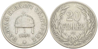 Венгрия 20 филлеров 1893 KB, Франц Иосиф I (1848-1916) KM 483 никель 117-757