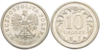 ПОЛЬША 10 ГРОШЕЙ 1991 MW KM 279 медно-никель 112-1234