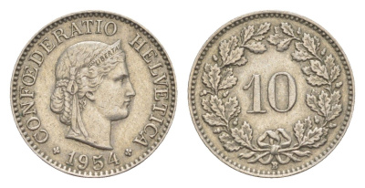 Швейцария 10 раппенов 1954 B KM 27 медно-никель 4643-343