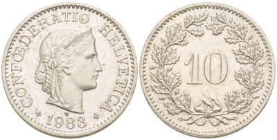 ШВЕЙЦАРИЯ 10 РАППЕНОВ 1983 KM 27 медно-никель 4529-724