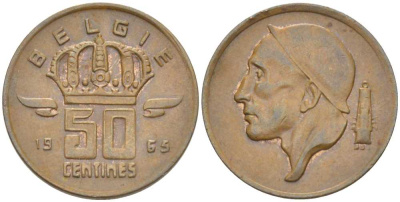 БЕЛЬГИЯ 50 САНТИМОВ 1965 BELGIE, БОДУЭН I (1951-1993) KM 149.1 бронза 206-145