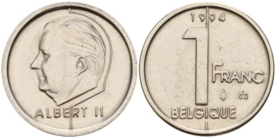 Бельгия 1 франк 1994 Belgique, Альберт II (1993-2013) KM 187 железо плакированное никелем    4598-123