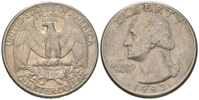 США 25 центов = квотер = 1/4 доллара 1993 P, Джордж Вашингтон KM 164a медь плакированная медно-никелем 216-746