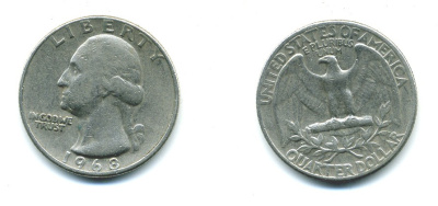 США 25 центов (квотер) 1968 Вашингтон KM 164а медь плакированная медно-никелем 37-1046