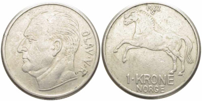 НОРВЕГИЯ 1 КРОНА 1962 ЛОШАДЬ KM 409 медно-никель 84-247