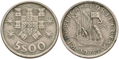 Португалия 5 эскудо 1976 парусник KM 591 медно-никель 4573-955