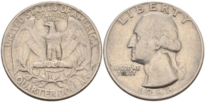 США 25 центов (квотер) 1966 Вашингтон KM 164а медь плакированная медно-никелем 4575-132