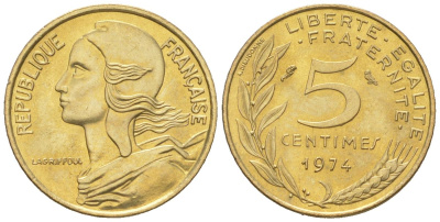 Франция 5 сантимов 1974 KM 933 алюминиевая бронза aUNC 261-513