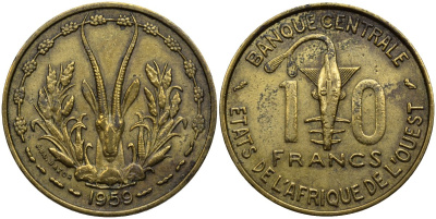 Западно-Африканские штаты 10 франков 1959 антилопа KM 1 алюминиевая бронза 00-00