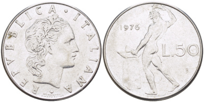 ИТАЛИЯ 50 ЛИР 1976 R, КУЗНЕЦ KM 95.1 нержавеющая сталь 89-355
