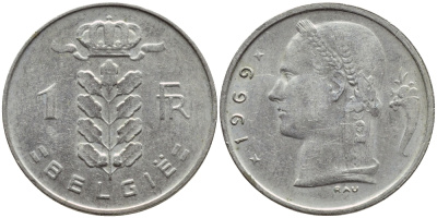 БЕЛЬГИЯ 1 ФРАНК 1969 BELGIE KM 143.1 медно-никель 4395-443