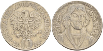 Польша 10 злотых 1968 MW, Николай Коперник KM 51а медно-никель 4542-726