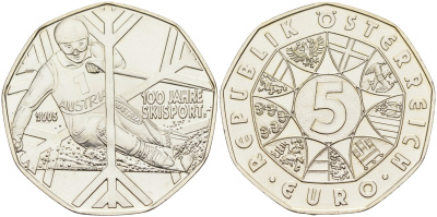 Австрия 5 евро 2005 100 лет спортивным горным лыжам KM 3117 серебро  UNC  1522-1414