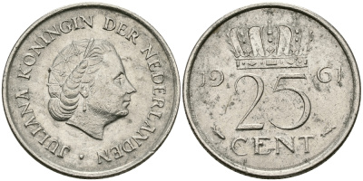 НИДЕРЛАНДЫ 25 ЦЕНТОВ 1961 ЮЛИАНА KM 183 никель 96-146