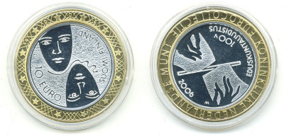 Финляндия 10 евро 2006 100 лет Парламентским реформам, два лица KM 132 серебро PROOF 11-042-24