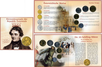 Австрия набор из 6 монет (10, 50 грошей; 1, 5, 10 и 20 шиллингов) 2001 200 лет со дня рождения Иоганна Нестроя, в оригинальной упакове, последний год выпуска шиллинга KM 2878, 2885, 2886, 2889a, 2918, 3075 медно-никель, алюминиевая бронза BU 6-5-3-03