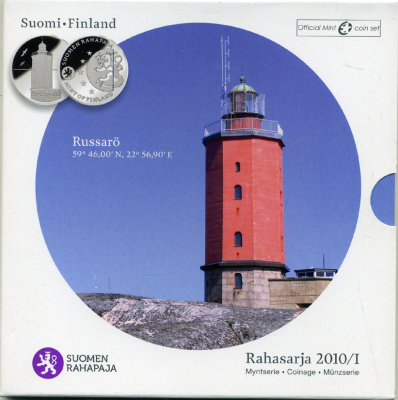 Финляндия евронабор из 8 монет + жетон 2010 маяки Скандинавии, Russaro (1863-2010), официальный набор в оригинальном буклете UNC 5-6-2-31