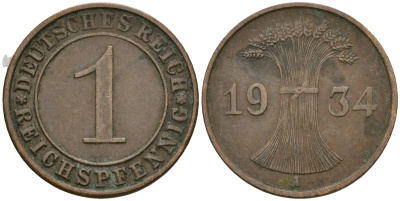 Германия 1 рейхспфенниг 1934 A KM 37, J. 313 бронза 4189-1249