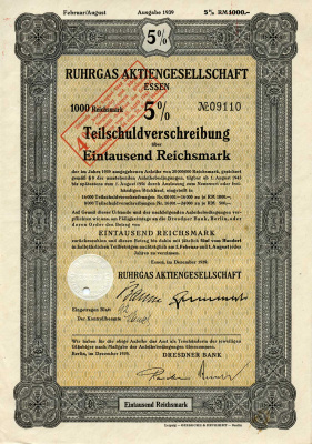 Германия 1000 рейхсмарок 1939 Акционерное общество Рургас Эссен, 5% -ное частичное долговое обязательство с маркой конвертации под 4% -ную процентную ставку, облигация   бумага   8804-23-1