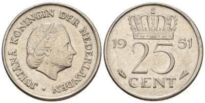 Нидерланды 25 центов 1951 Юлиана (1949-1980) KM 183 никель 220-546